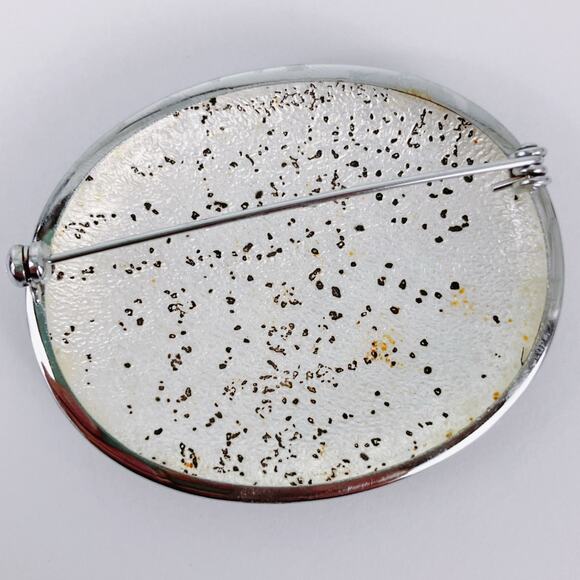 Vintage Mid Century Brooch Reverse Painted Glass Floral Oval Pin 1950s 60s - Picture 8 of 10